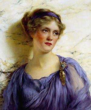 ""Viola"" Jeunes filles aux pommettes rouges, habillee a l'antique et vetue de violet, et d'une broche verte, elle porte un bandeau dans les cheveux. Elle est adossee a un mur de marbre, l'expression melancolique. Peinture de William Clarke Wontner (1857-1930) (preraphaelite) 1911 Collection privee