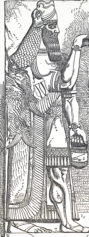 Engraving of a bas-relief depicting the Assyrian fish-tailed god Oannes. Dated 19th Century