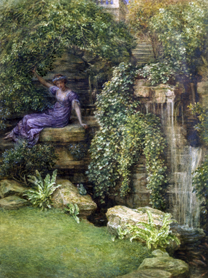 ""La Princesse et la grenouille"" Rencontre dans un jardin romantique d'une jeune princesse et d'une grenouille (prince charmant), Peinture d'Edward John Poynter (1836-1919) (preraphaelite)
