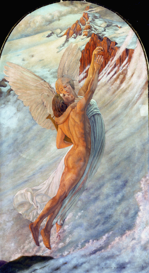 ""L'Ideale"" representation fantastique de l'enlevement aux cieux d'une jeune homme par un ange. Peinture de Carlos Schwabe (1866-1926) (symboliste) Collection privee