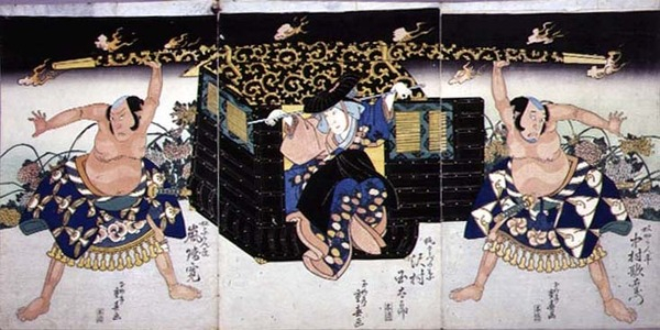 A Scene from the 4th act of a kabuki play, 'Ashiya doman ouchi kagami', 1830 (colour woodblock print)