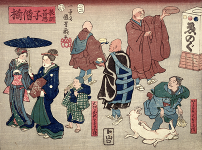 Moral teaching for shopboys, giving good and bad examples of behaviour, 1857 (colour woodblock print)