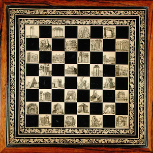 The top of a chess table decorated with pictures of Roman ruins after Giovanni Battista Piranesi (1720-78) 1833 (inlaid marble)