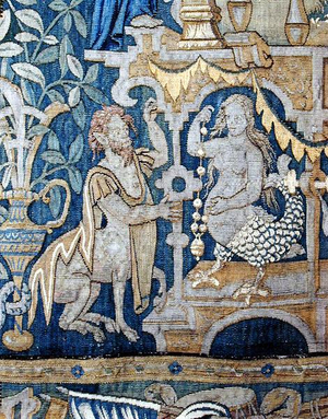 Detail of a tapestry in the Sheldon Room depicting a centaur and a type of mermaid with feet