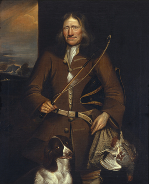 Portrait of the Dudmaston gamekeeper with spaniel and dead partridge, 1720 (oil on canvas)