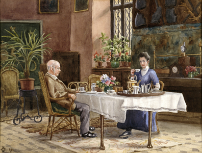 Alfred Dryden Taking Tea in the Hall, 1911 (w/c on paper)