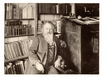 Johannes Brahms (1833-1897) German composer, in his library, 19th century (print)