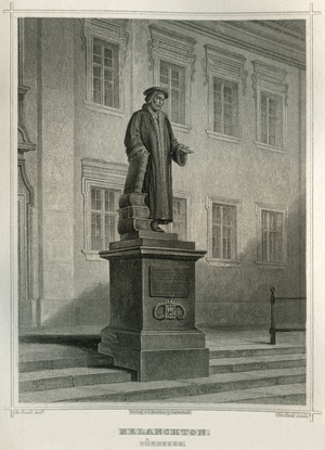 Germany, Bavaria, Nuernberg, memorial of Philipp Melanchthon (1497-1560), 1862 (engraving)