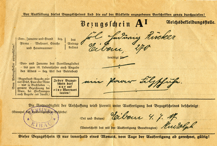 Germany , World War I , ration card for clothes (a pair of felt shoes) , in this case from the municipality Eibau / Oberlausitz / Saxony , from the 4. 7. 1917. Keywords : the German Reich , empire , monarchy , the First World War , rationing , providing , misery , poverty , plight