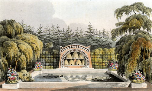 Design for garden with bee shelter with bee skeps and pool framed by trees including weeping willow (Salix babylonica). From "Repository of Arts", R. Ackermann, London, 1820 (engraving)