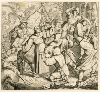 Martin Luther preaches in Seeburg against the Peasants`War, 1525, 1850s (engraving)