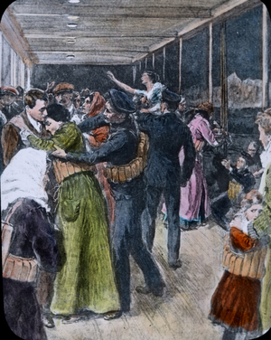 The maiden Voyage of the Titanic 1912, Titanic disaster-, passengers on board after collision, illustration - Carl Simon, hand coloured glass slide