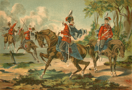 Germany, Brandenburg, Brandenburger Husaren Regiment No. 3 (Ziethen), Brandenburg Hussar regiment No. 3 , coulered lithography published by A. Bergmann, Leipzig, about 1890