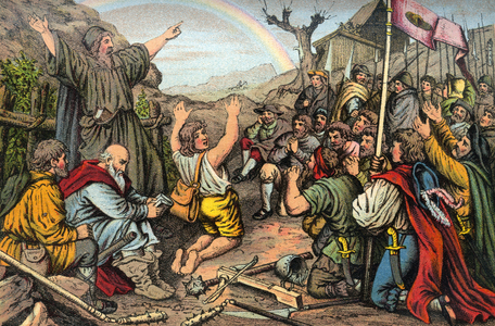 German Peasants`War, Luther did not like this war, coloured image (artist unknown) from : "" Doktor Martin Luthers Leben, Thaten und Meinungen... (Doctor Martin luthers life, deeds and opinions... ), told by Martin Rade (Paul Martin), published by Hermann Oeser, Neusalza i. S. , 1887