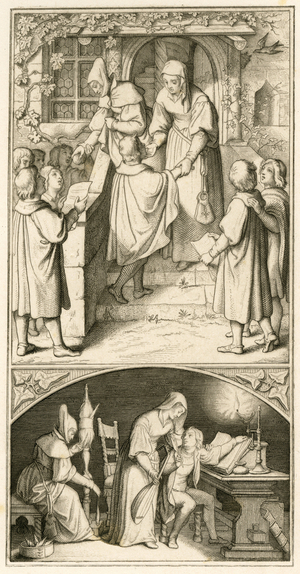 Martin Luther as a schoolboy , he is singing in front of the door of Ursula Cotta in Eisenach for a little bread. In this house he will learn pipe and lute, so the original text, 1850s (engraving)