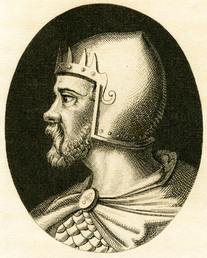 Attila the Hun, ruler of the Huns, image from Strahlheim, 1840s (engraving)