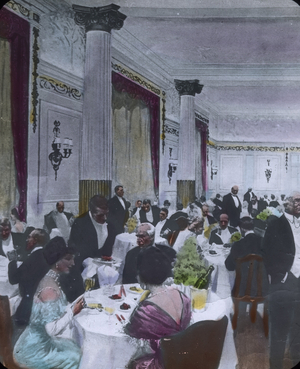 The maiden voyage of the Titanic 1912 - dining hall - hand coloured glass slide - illustration - history, historical, Carl Simon