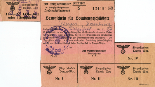 Germany , Danzig , the Second World War , ration card for bedclothes for people who lost their property by bomb attacks , valid in the forties of the twentieth century, issued by the so called "" Reichsstatthalter "" of Danzig-Westprussia / economic. Keywords : the German Reich , the Third Reich , National Socialism , WW II , war , rationing , providing , poverty , plight , misery , economy , swastika , Poland , only for journalistic or academic use