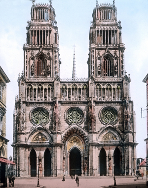 France, Loiret, Europe, travel, 1910s, 1920s, 20th century, Sainte-Croix d'Orleans, archive, Carl Simon, history, historical, exquisit collection : church, front, cathedral, belief, roman catholic, architecture, belfry, gothic, tower, hand coloured glass slide