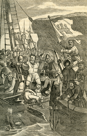 Claus Stoertebeker arrested, illustration from : "Geschichte der Stadt Hamburg" (history of Hamburg) , by J. G. Gallois, published by Ackermann and Wulff, Hamburg, 1866 (engraving)