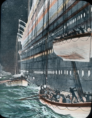 The maiden voyage of the Titanic 1912, Titanic disaster - The sinking of the Titanic - lifeboats - illustration - Carl Simon, hand coloured glass slide