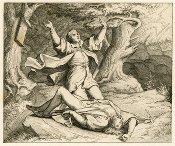 Martin Luther and his friend Alexis (perhaps that was his name) went on a ramble and there was an thunderstorm. Alexis was strucked by lightning and he died, 1850s (engraving)