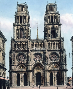 France, Loiret, Europe, travel, 1910s, 1920s, 20th century, Sainte-Croix d'Orleans, archive, Carl Simon, history, historical, exquisit collection : church, front, cathedral, belief, roman catholic, architecture, belfry, gothic, tower, hand coloured glass slide
