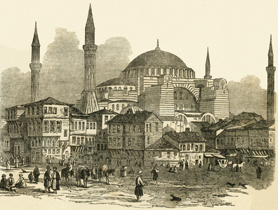 Europe, Turkey, Istanbul (Constantinople), district Eminonue, the Great Mosque (Hagia Sophia), wood engraving from : "" Illustrirtes Familien-Journal "" (illustrated familiy magazin), published by A. H. Payne, Leipzig and Dresden, 1853