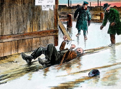 Une vie entiere gaspillee par l'alcool (un ivrogne tombe dans la rue, mort de froid) - alcoholism - A whole life wasted by alcohol ! - illustration, image date circa 1920. Carl Simon Archive