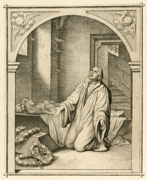 Luther near the casket with his daughter Magdalene (Magdalena, 1529-1542), 1850s (engraving)
