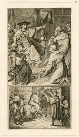 Martin Luther in discussion with cardinal Cajetan, Luther has to revoke his writings, beside him his friend Staupitz, 1850s (engraving)