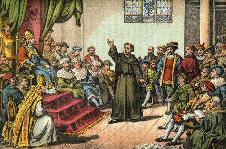 Luther on the Imperial Diet , Reichstag in Worms, coloured image (artist unknown), from : "" Doktor Martin Luthers Leben, Thaten und Meinungen (Doctor Martin Luthers life, deeds and opinions... ), told by Martin Rade (Paul Martin), published by Hermann Oeser, Neusalza i. S. , 1887