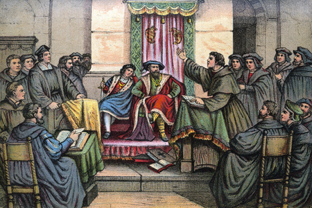 The discussion between Luther and Johannes Eck (Johann Maier von Eck, 1486-1543) in Leipzig, coloured image (artist unknown) from : "" Doktor Martin Luthers Leben, Thaten und Meinungen... (Doctor Martin Luthers life, deeds and opinions... ), told by Martin Rade (Paul Martin), published by Hermann Oeser, Neusalza i. S. , 1887