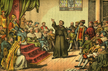 Luther on the Imperial Diet , Reichstag in Worms, coloured image (artist unknown), from : "" Doktor Martin Luthers Leben, Thaten und Meinungen (Doctor Martin Luthers life, deeds and opinions... ), told by Martin Rade (Paul Martin), published by Hermann Oeser, Neusalza i. S. , 1887