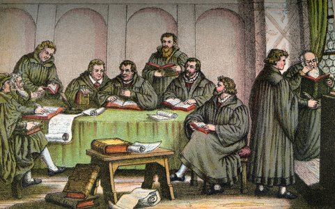 The translation of the Old Testament, coloured illustration (artist unknown) from : "" Doktor Martin Luthers Leben , Thaten und Meinungen... "" (Doctor Martin Luthers life, deeds and opinions... ) , told by Martin Rade (Paul aul Martin), published by Hermann Oeser, Neusalza i. S. , 1887