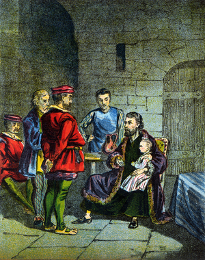 "Lawrence or Laurence Saunders (d1555), English Protestant martyr in Coventry with his child visiting him in prison 8 February 1555, 19th century (chromolithograph)