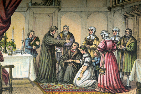 The marriage of Martin Luther with Katharina von Bora (Catherine de Bore, 1499-1552), coloured illustration (artist unknown) from : "" Doktor Martin Luthers Leben, Thaten und Meinungen... "" (Doctor Martin Luthers life, deeds and opinions... ), told by Martin Rade (Paul Martin), published by Hermann Oeser, Neusalza i. S. , 1887