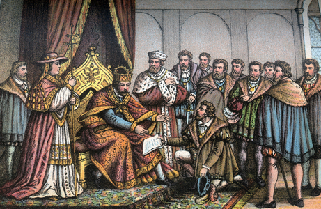 Dr. Bayer, chancler of Saxony, gives the Evangelical Confession to the Emperor Charles V, 1887 (drawing)