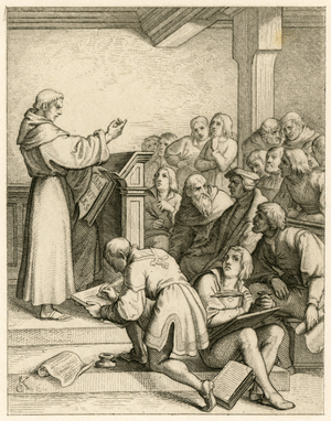 Martin Luther gives lectures in the university Wittenberg, in front of him the vice-chancellor Dr. Pollich and his fatherly friend Johann von Staupitz (1460-1524), 1850s (engraving)