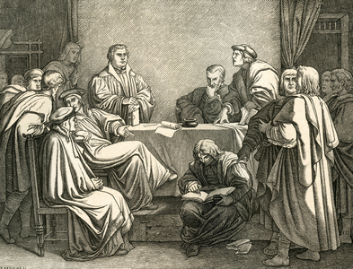 Luther und Johannes Eck (Johann Maier von Eck, 1486-1543) in discussion, illustration (drawn by Trenkwald, engraved by F. Reusche) from : "" Die deutsche Geschichte in Bildern "" (images of German history) , text by Dr. F. Buelau, published by C. C. Meinhold & sons, Dresden, 1862