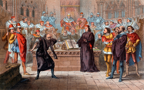 Portia, disguised as an advocate Balthazar, defends Antonio against Shylock's claim for a pound of flesh in settlement of his debt (chromolithograph)