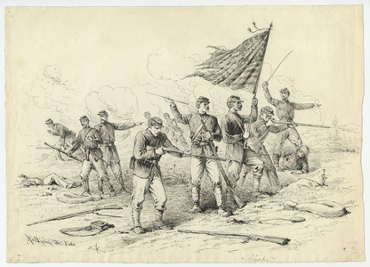 Rallying the Line, illustration from 'Thirty Years After: An Artist's Story of the Great War', published in 1890, 1880s (pen & ink on paper)