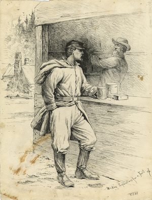 Making Preparations for a Feast, illustration from 'Thirty Years After: An Artist's Story of the Great War', published in 1890, 1880s (pen & ink on paper)