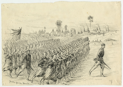 Double Quick March, illustration from 'Thirty Years After: An Artist's Story of the Great War', published in 1890, 1880s (pen & ink on paper)