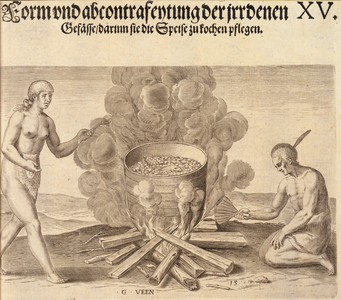 Their seething of their meats, Plate XV, from 'America, Part I', engraved by Theodre de Bry (1528-98), 1590 (engraving)