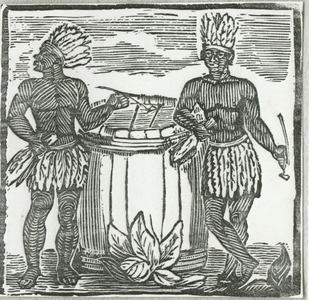 Tobacco label featuring two Native American Indians with pipes standing by a hogshead (woodcut)