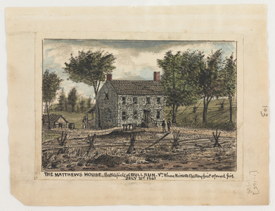 The Matthew's house, battlefield of Bull Run, Virginia, 21st July 1861, from the Robert Knox Sneden Diary, 1861-65 (pen & ink and w/c on paper)