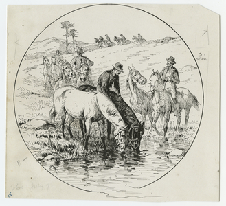 Cavalrymen watering horses at a field location, illustration from 'Thirty Years After: An Artist's Story of the Great War', published in 1890, 1880s (pen & ink on paper)