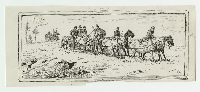 Artillery piece transported to the front, illustration from 'Thirty Years After: An Artist's Story of the Great War', published in 1890, 1880s (pen & ink on paper)