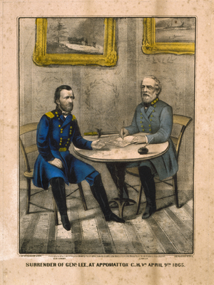 Surrender of General Lee, at Appomattox, 9th April 1865 (colour litho)